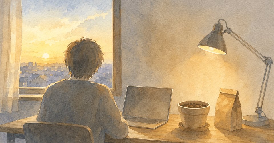 夕日を見ながらデスクで植木鉢と種の袋を前にする男性の後ろ姿のイラスト