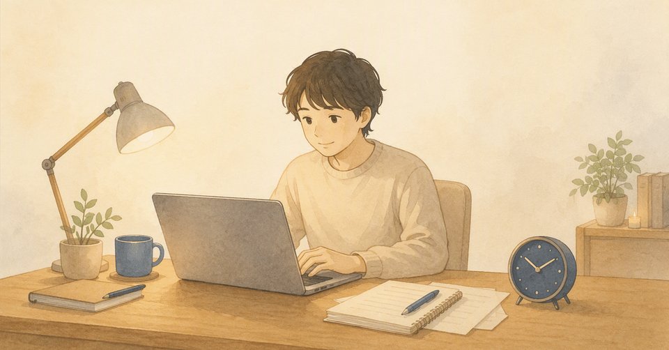 デスクでノートパソコンに向かう男性のイラスト