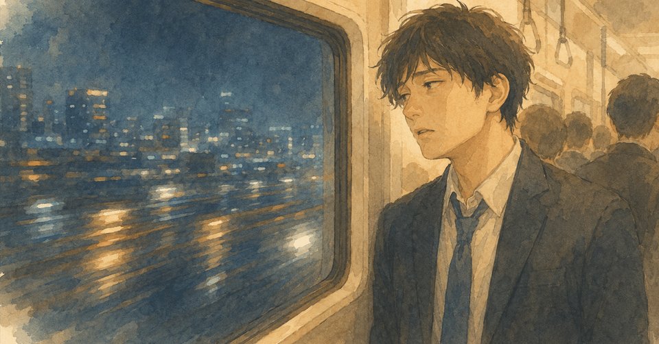 満員電車の窓から夜景を見つめるスーツ姿の男性のイラスト