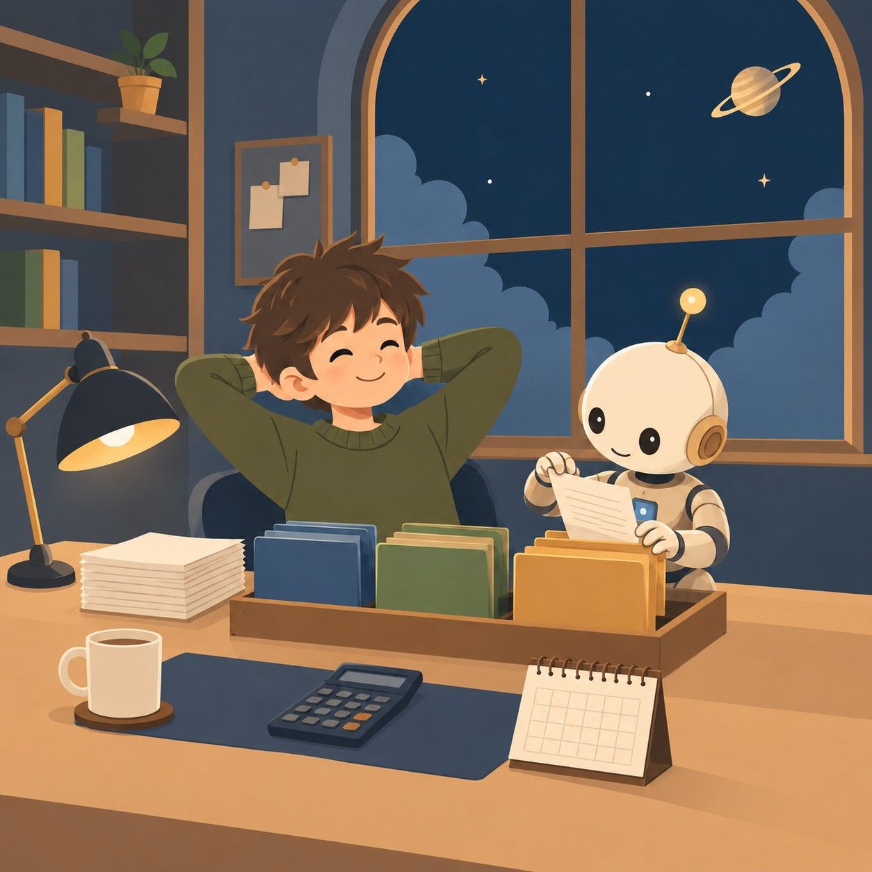 夜の仕事部屋で、くつろぐ少年と書類を整理するロボットのイラスト