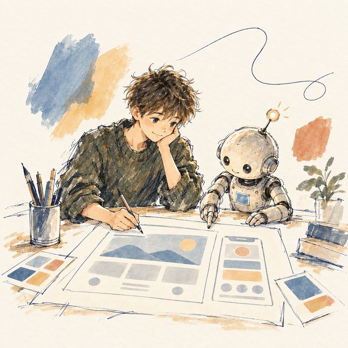 Webサイトのレイアウトを紙に描く少年とロボットのイラスト