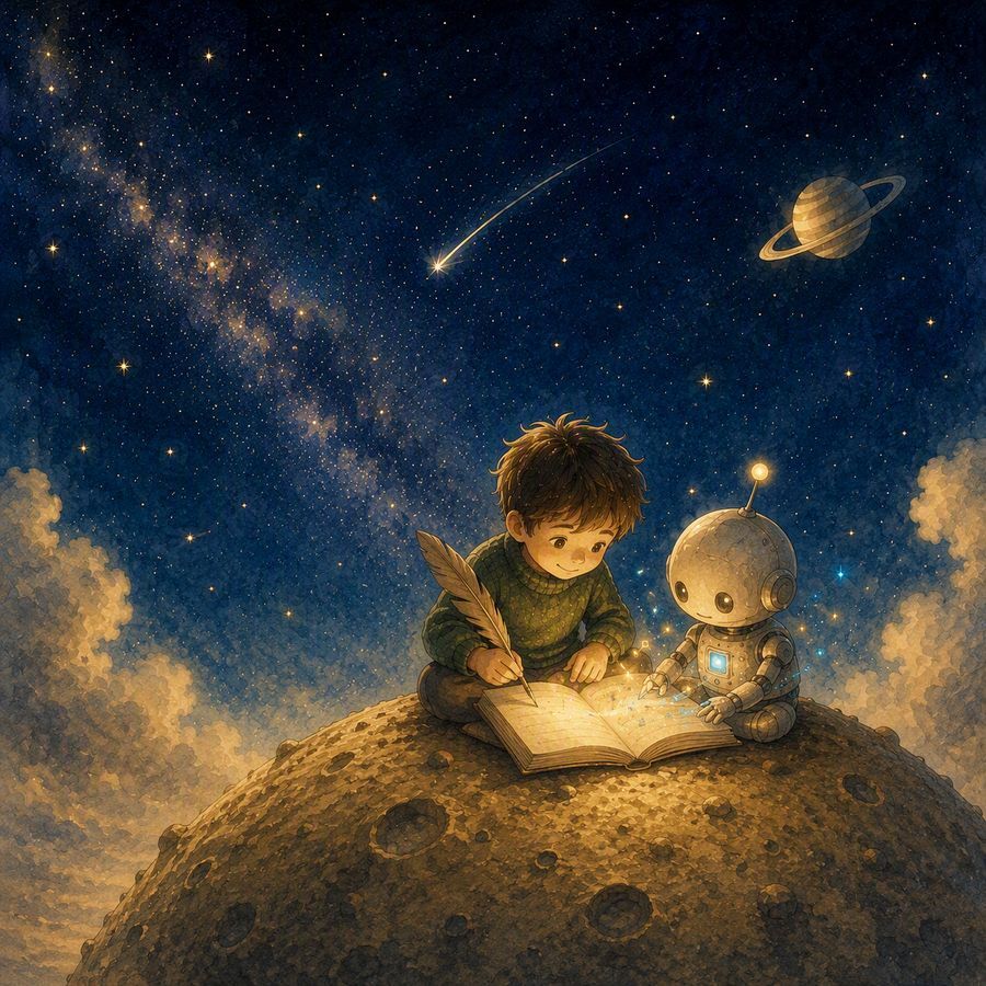 星空の下、ノートに一緒に書き込む少年とロボット
